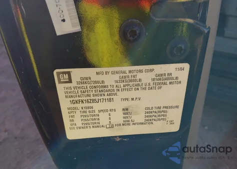 2005 GMC Yukon Xl 1500 Slt из США, поврежденный, VIN 1GKFK16Z85J171181